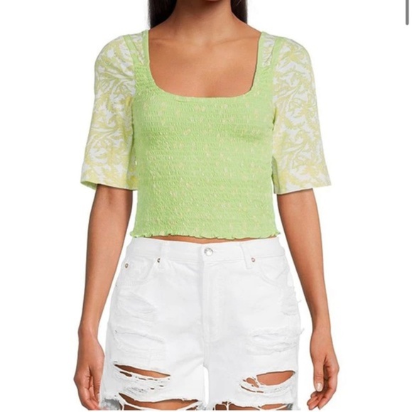 NWT free people Square Neck Contrast Short Sleeve Floral Print Smocked Top - Picture 1 of 7